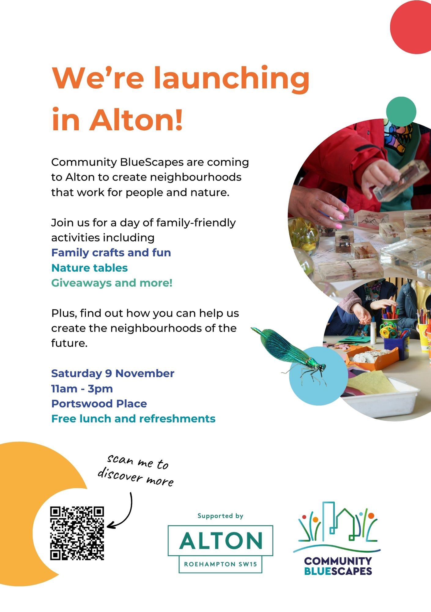 Poster advertising the launch of Community BlueScapes on the Alton, featuring images of crafting and a colourful insect.