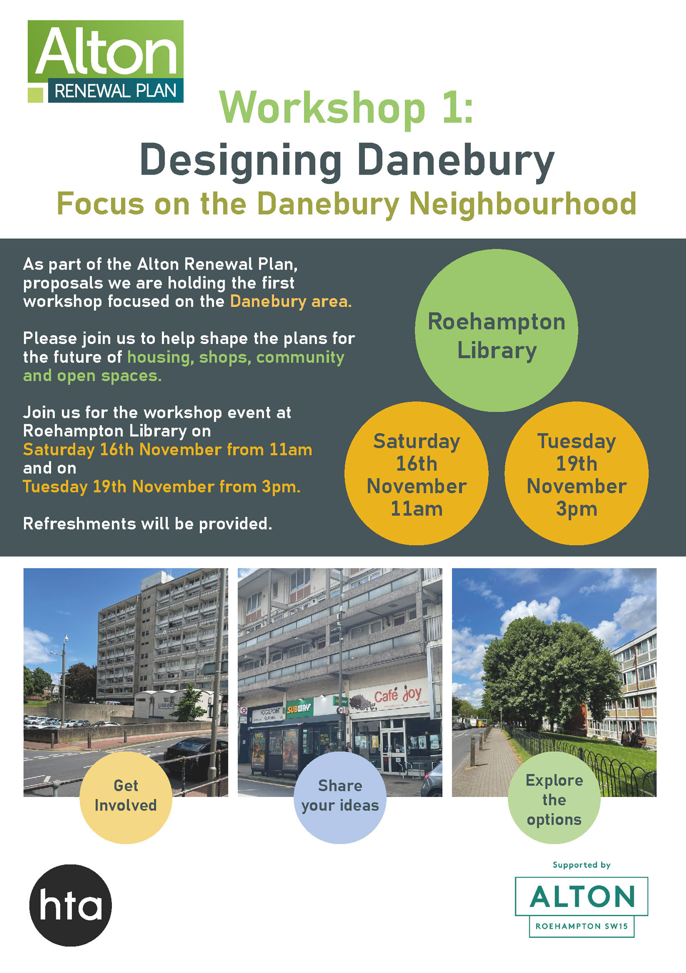 Poster advertising Alton Renewal Plan Workshop 1, which focuses on the Danebury neighbourhood. The poster features pictures of some of the buildings on Danebury Avenue