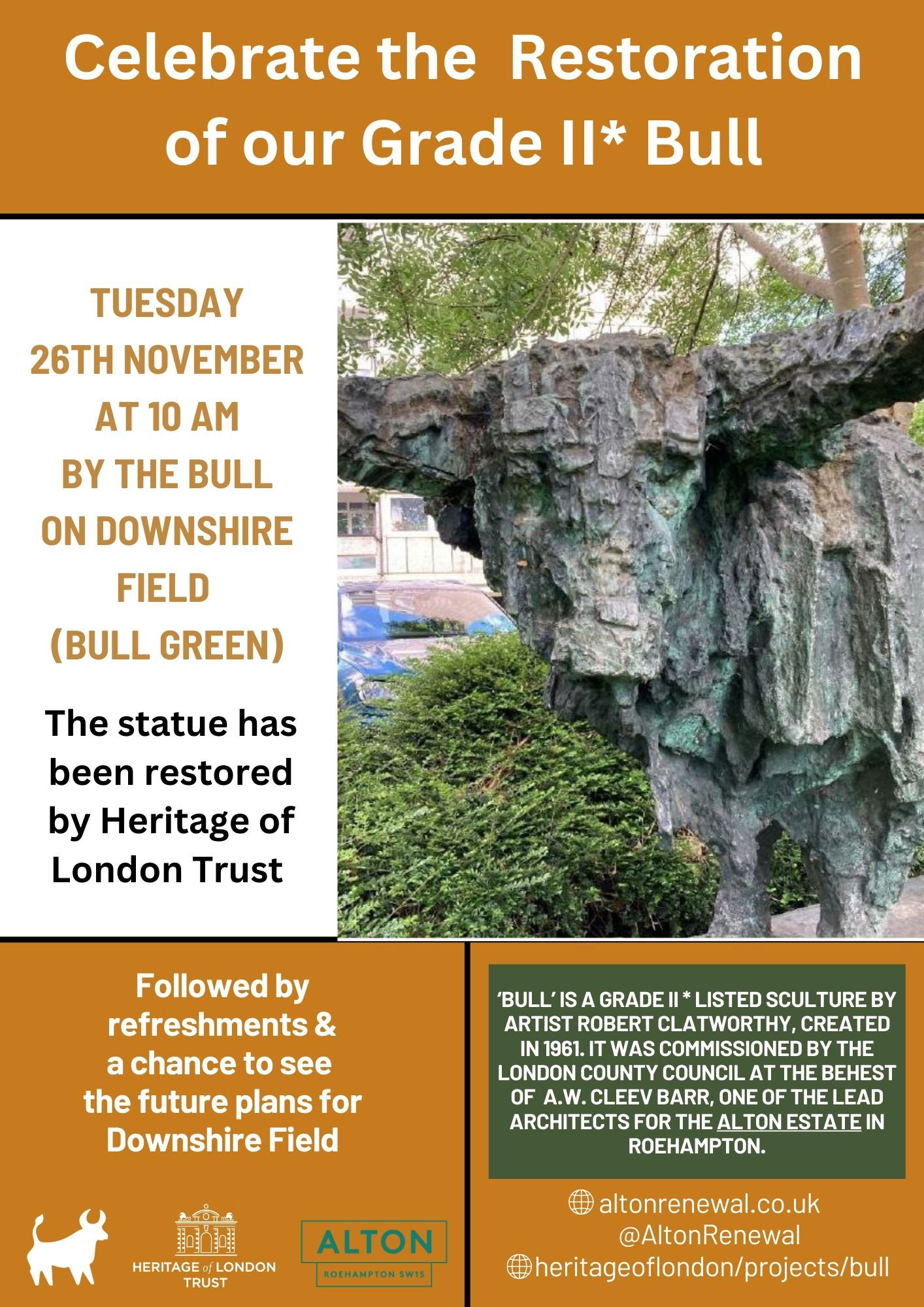 Poster advertising an event to celebrate the restoration of the bull sculpture on Downshire Field, featuring a photograph of the bull's head