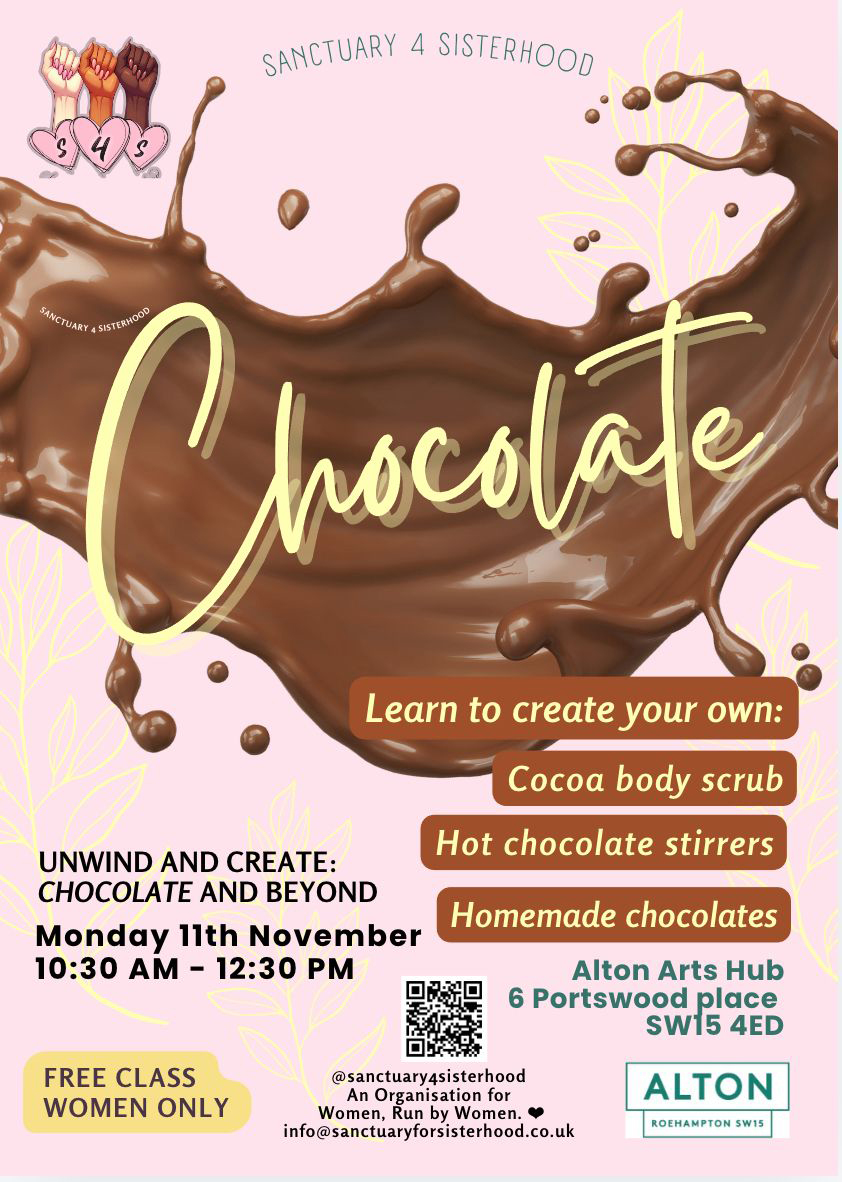 Poster advertising a chocolate creation class for women only, featuring an image of melted chocolate