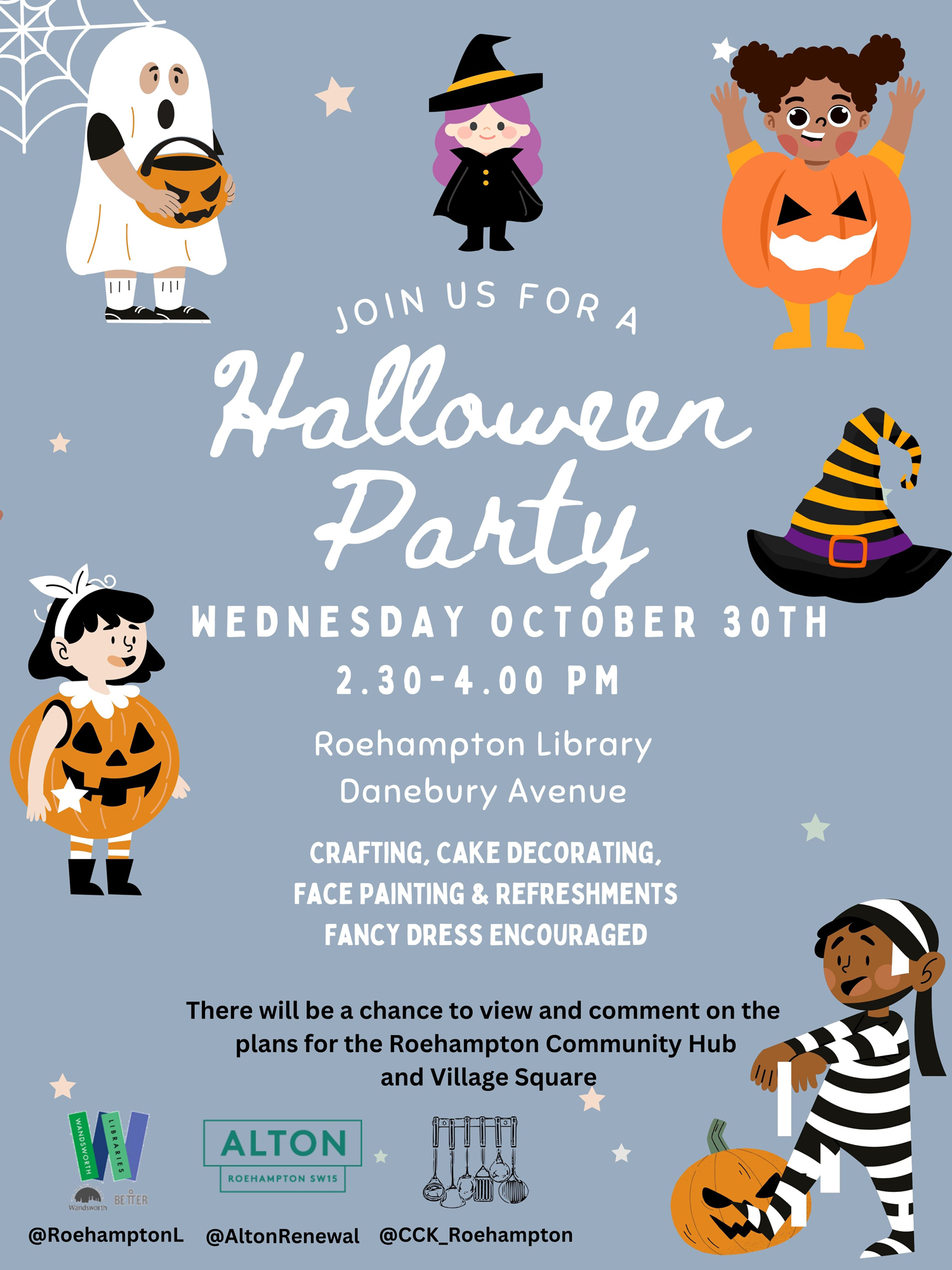 Halloween Party Invitation featuring illustrations of children dressed up in costumes - including a ghost, a pumpkin, a witch and a zombie!