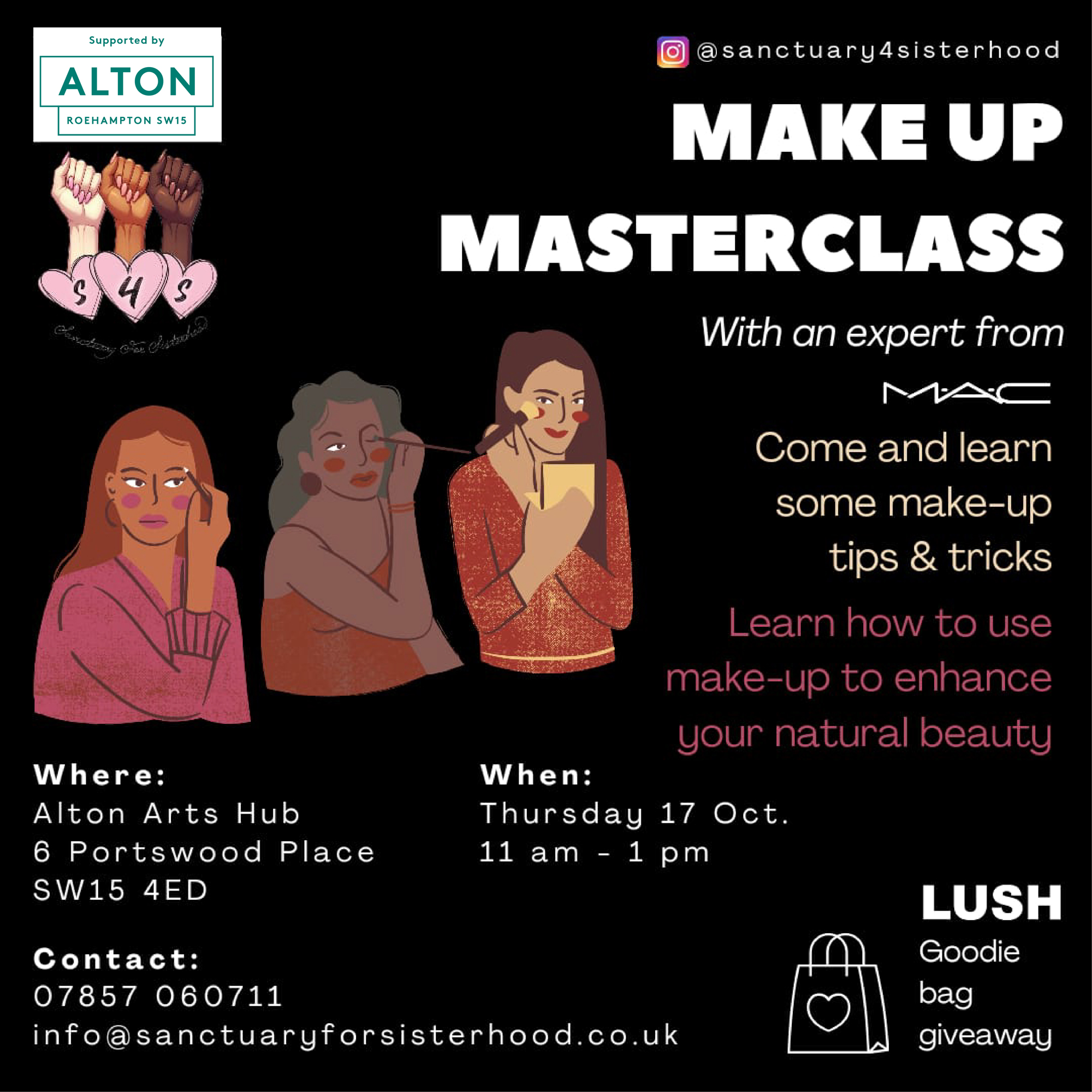 A poster advertising the make up masterclass, featuring an illustrated image of three people applying make up.