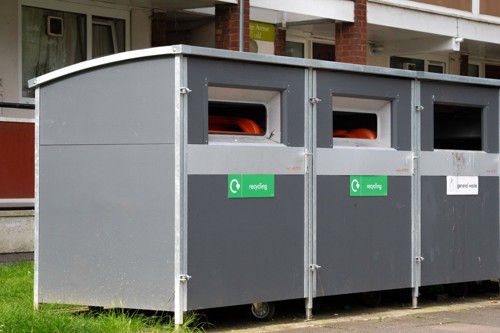 The image shows new bins on Harbridge Avenue, which are labelled to show which ones take recycling and general waste