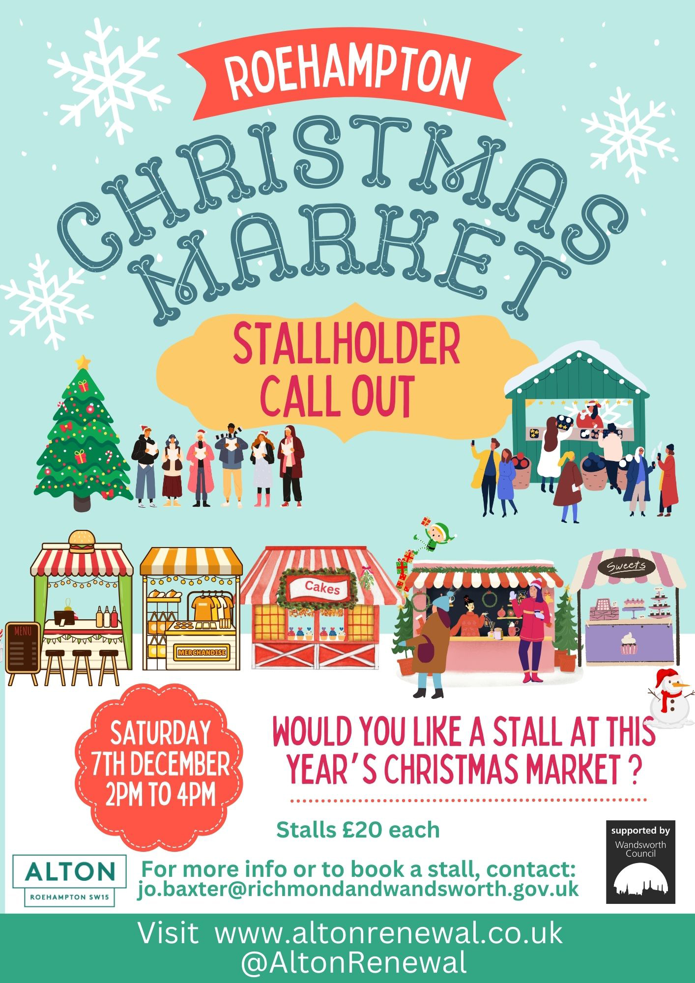 ILLUSTRATED STALLHOLDER CALL OUT POSTER FOR ROEHAMPTON CHRISTMAS MARKET