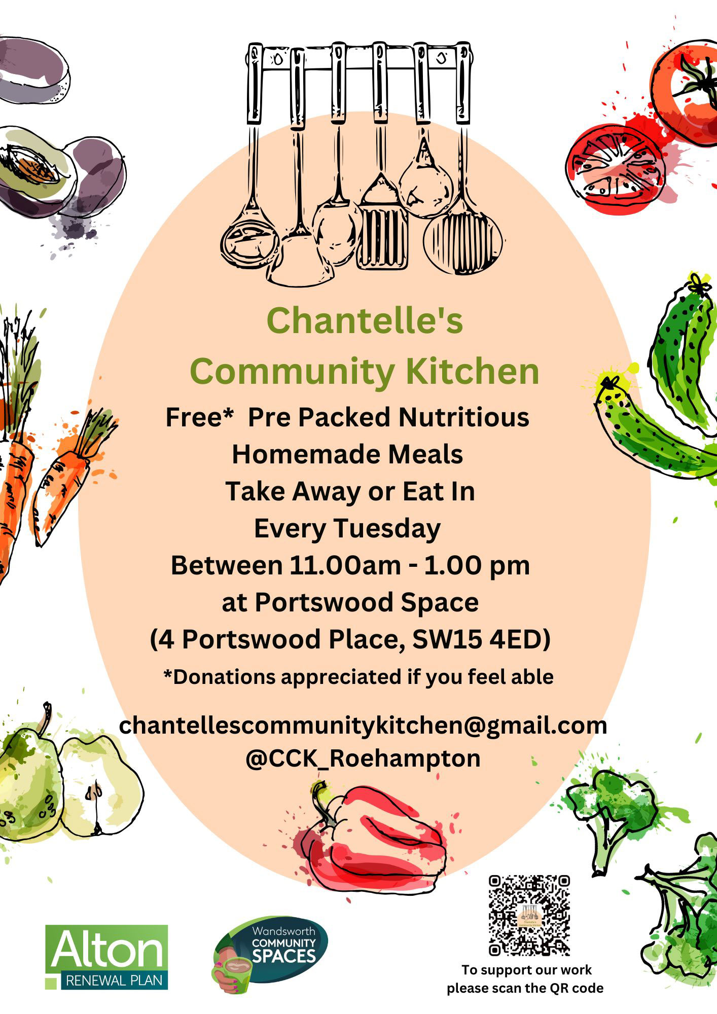 A poster advertising Chatelle's Community Kitchen, featuring illustrations of healthy fruit and vegetables including tomatoes, plums, carrots, courgettes, pears and broccoli