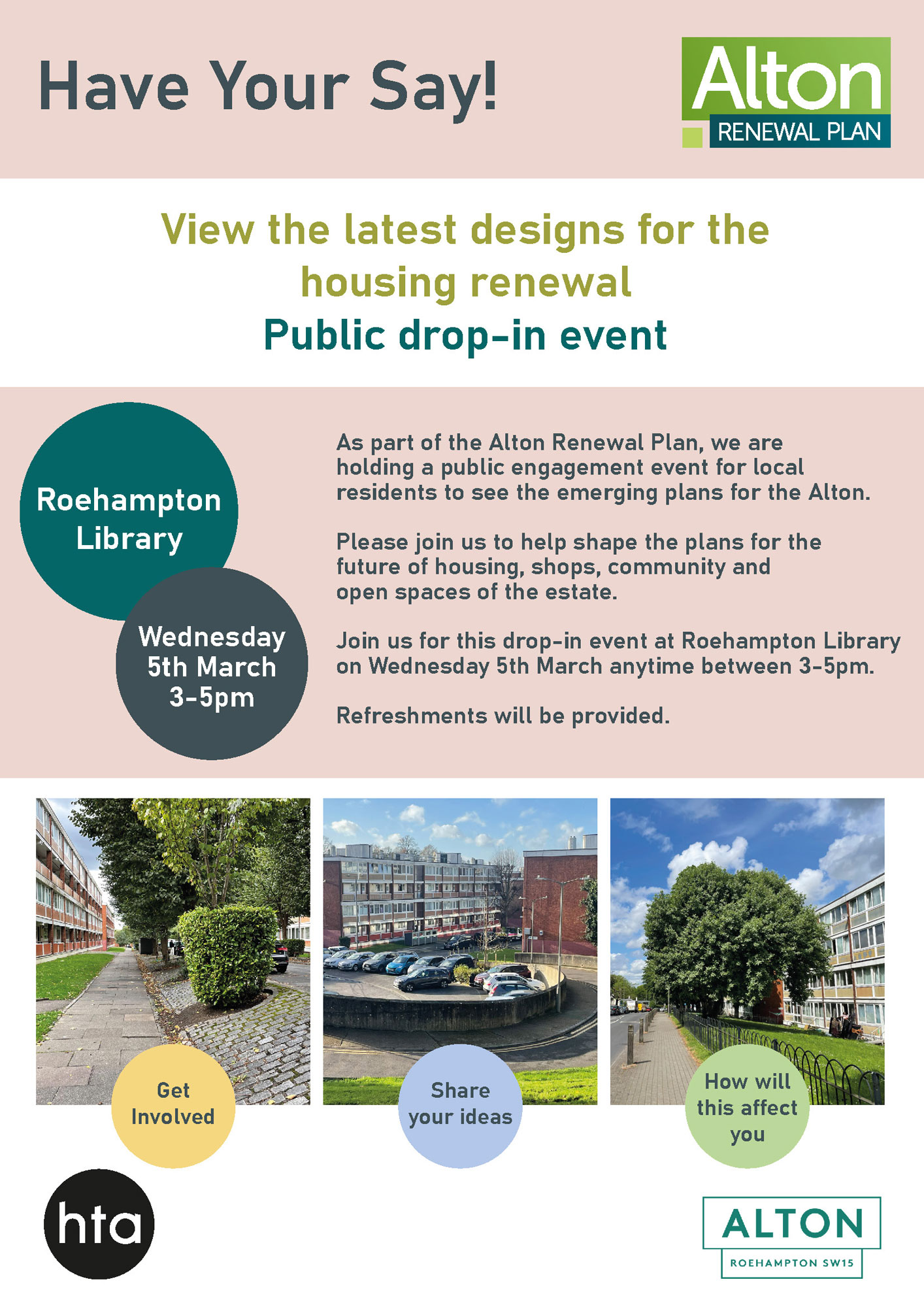 Poster advertising the public drop-in event in Roehampton Library, on Wednesday 5th March from 3pm-5pm