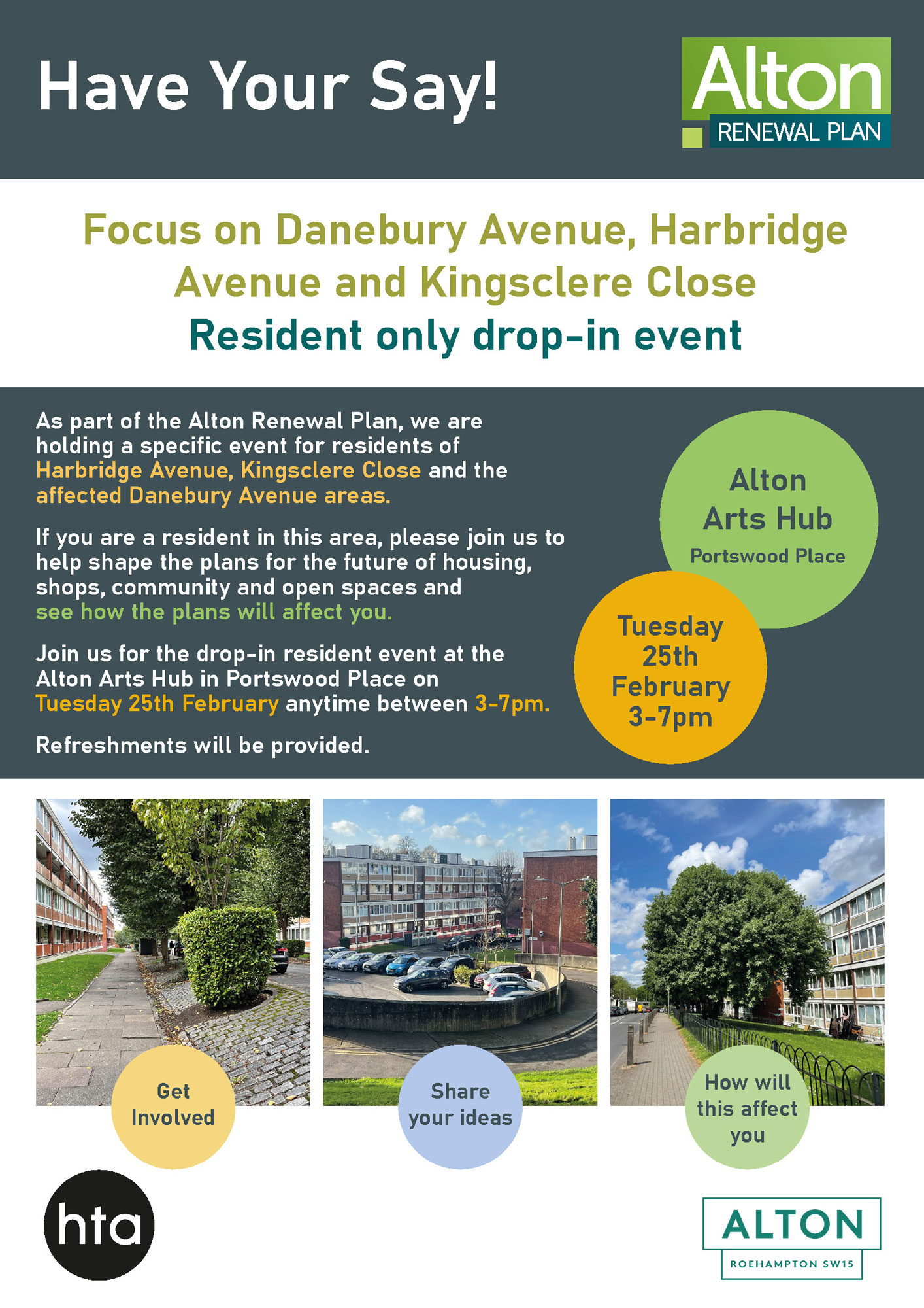 A poster advertising a resident only drop-in event on Tuesday 25th February, from 3pm to 7pm at the Alton Arts Hub