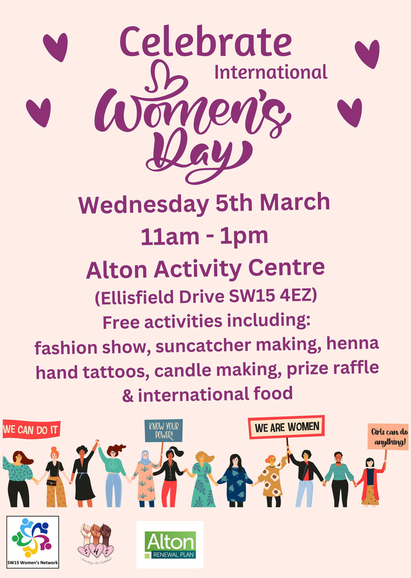 International Women's Day event poster, advertising a celebration at the Alton Activity Centre on Wednesday 5th March, from 11am-1pm