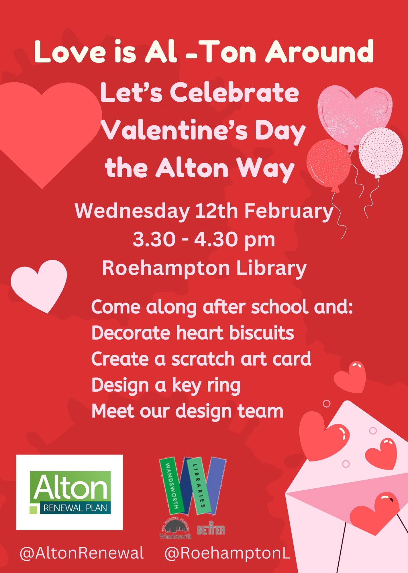 Poster advertising Love is Al-ton Around activities. The poster features illustrated love hearts and balloons.