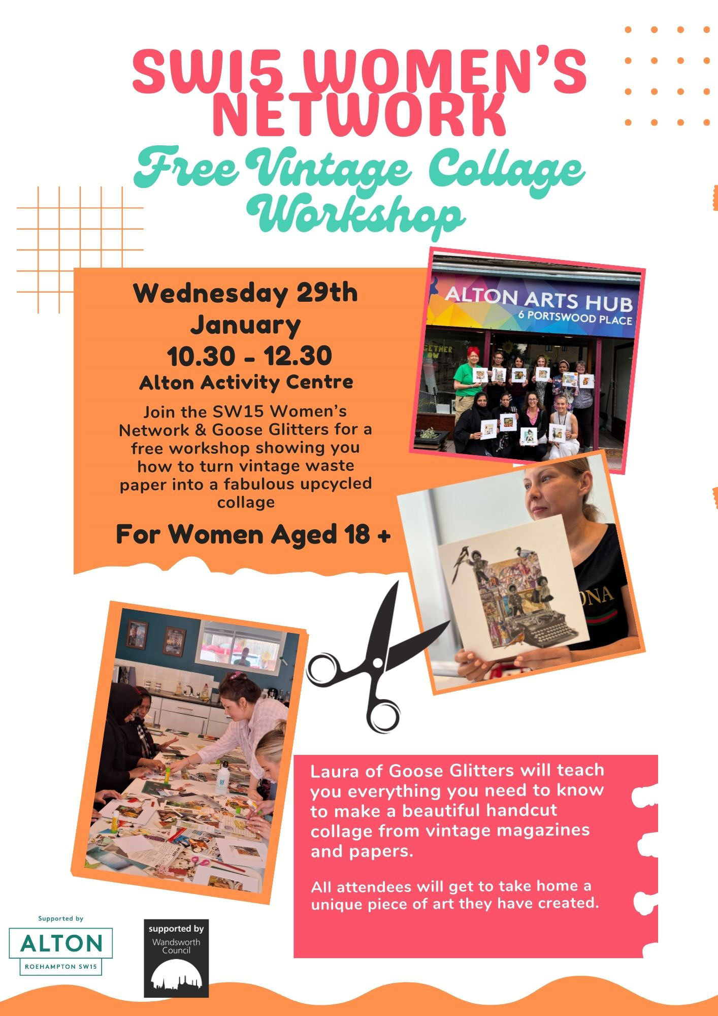 Poster advertising a free vintage collage workshop, featuring images of people making collages.