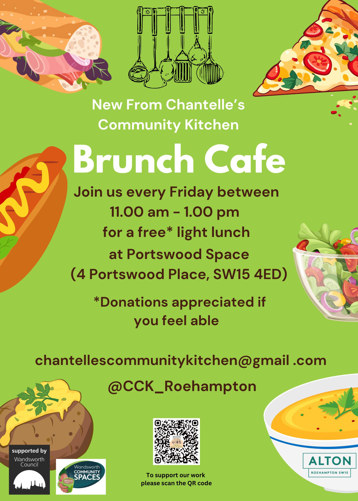 A colourful poster featuring illustrations of different types of food to promote the Brunch Cafe, illustrations include a ham and salad baguette, a slice of pizza, a hot dog, a bowl of salad, a jacket potato and a bowl of soup