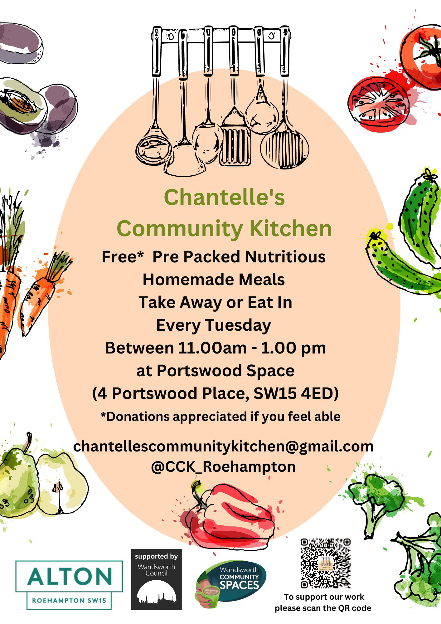 A poster advertising Chatelle's Community Kitchen, featuring illustrations of healthy fruit and vegetables including tomatoes, plums, carrots, courgettes, pears and broccoli