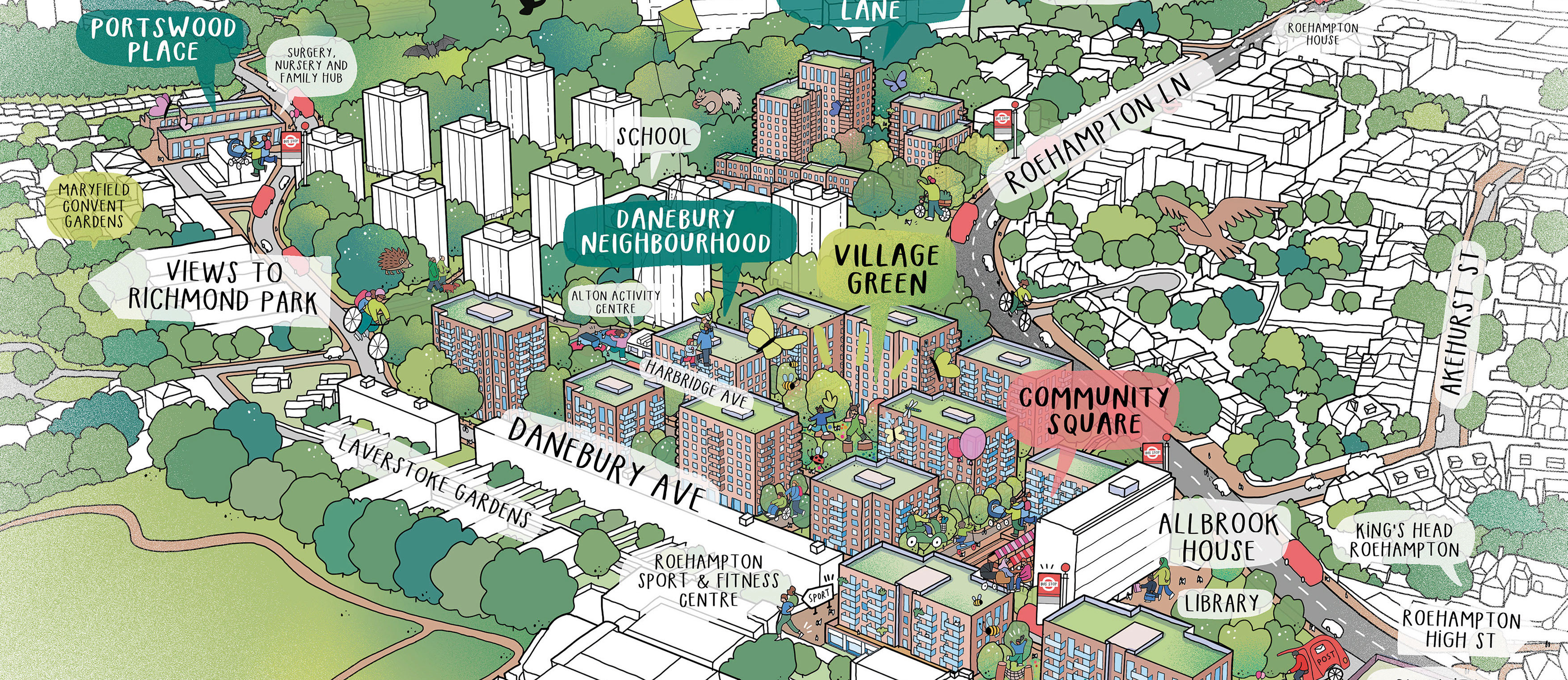 Illustrative aerial view of the Alton with proposed new buildings and facilities