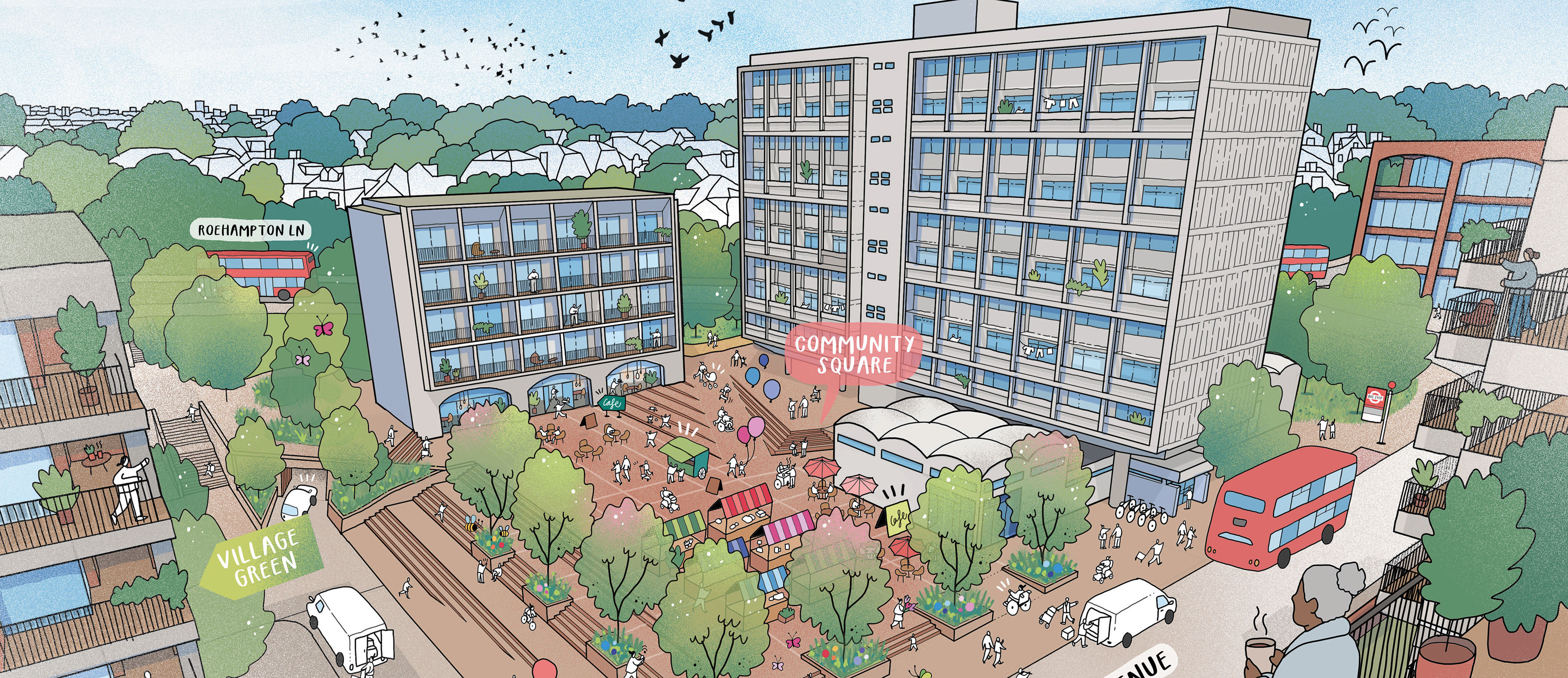 Illustrative aerial view of the Community Square