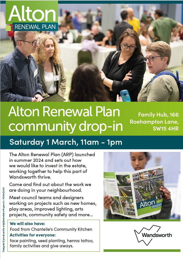 Poster advertising an Alton Renewal Plan community drop-in on Saturday 1st Marchon Sports and Fitness Centre. The poster features a picture of Wandsworth Council's Leader Simon Hogg 